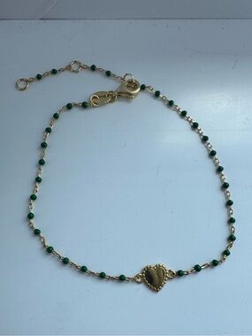 Dainty Gold Bracelet - gold heart with green beads